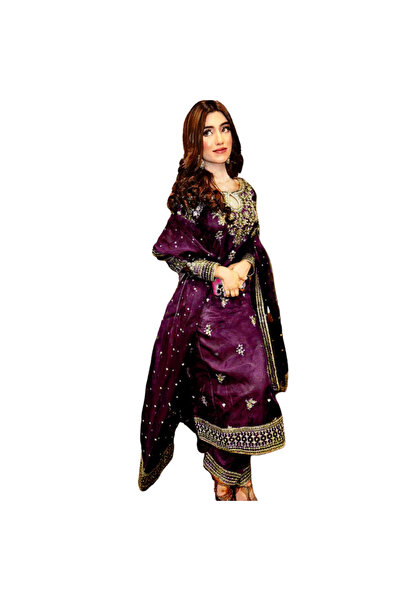 MYSMAR طقم سالوار كاميز ودوباتا من حرير الأورجانزا الأرجواني من مايمار - HRT3451 | أرجواني