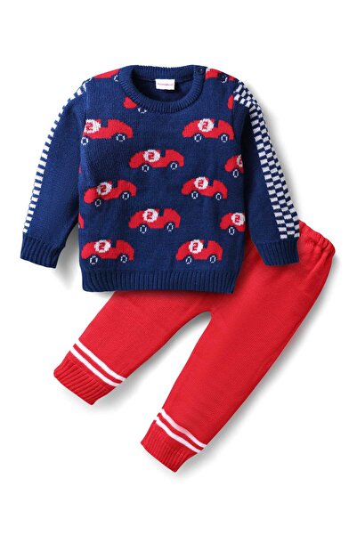 Babyhug Knitted Full Sleeves Sweater Set with Car Design - Navy Blue & Red