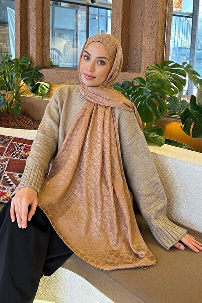 lamelif Bloom Desen Ayrobin Floş Jakar Şal Camel