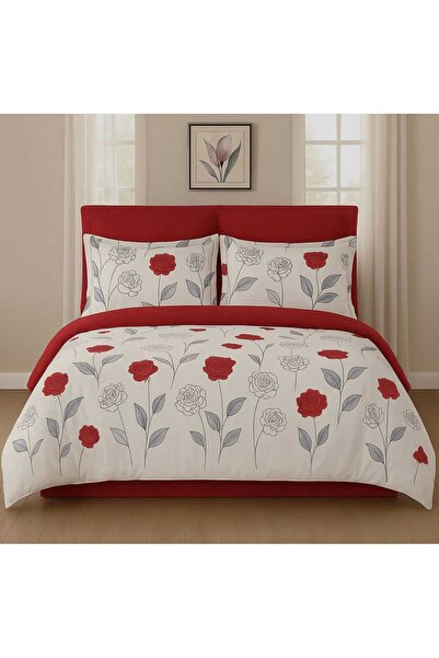 Pucioasa Finet 6-piece double bed linen for 2 people, White with red flowers pattern