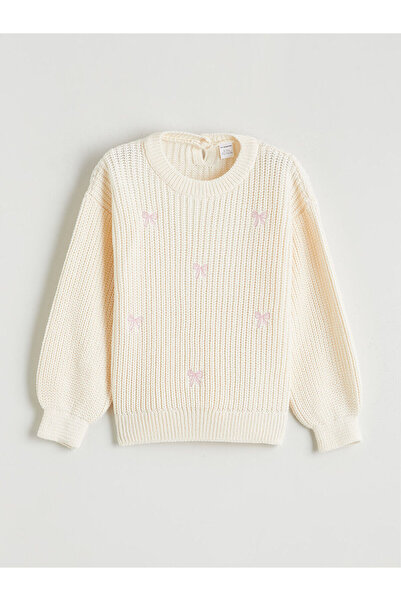 LC Waikiki Pulover tricotat pentru fete Ecru guler rotund Fiyonklu