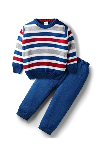 Babyhug Knit Full Sleeves Sweater Set with Stripes Design - Blue
