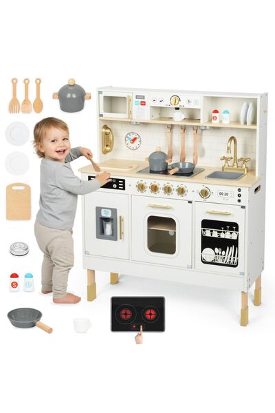 mamabrum Bucătărie interactivă din lemn XXL cu accesorii și iluminare LED - p...