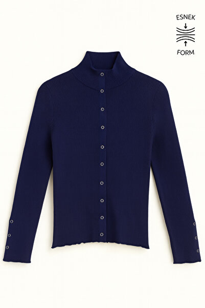 Mixray 6983 Women's Mock Neck Corded Fabric Snap Fastener Knitwear Cardigan Navy Blue