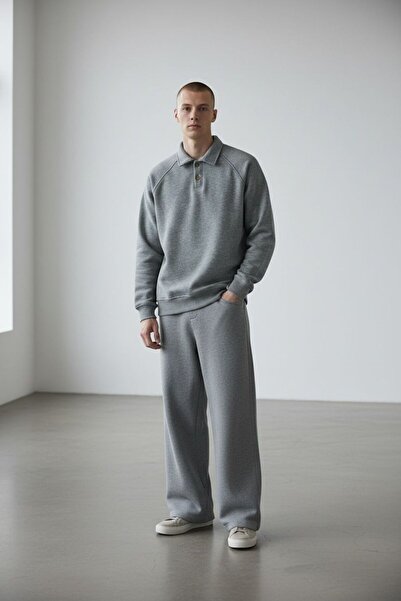 Altamira Men's 3 Thread Thick Gray Buttoned Polo Neck and Baggy Tracksuit Set