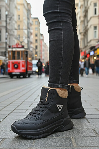 LUXEON Kadın Siyah Bej Kışlık İçi Kürklü Suya Dayanıklı Fermuarlı Günlük Bot ...