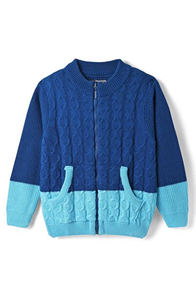 Pine kids كنزة صوفية محبوكة بأكمام طويلة مفتوحة من الأمام مع جيب أمامي وتصميم...