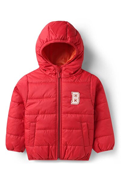 Babyhug Woven Full Sleeves Hooded Padded Jacket With Alphabet Patch - Red
