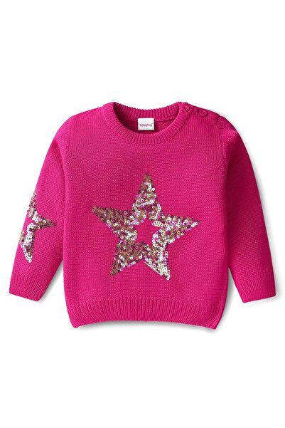 Babyhug Knitted Full Sleeves Sweater With Sequin Detailing - Dark Pink