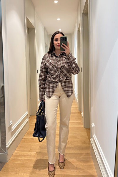 MAGARDE Asymmetrical Cut Plaid Shirt - Beige