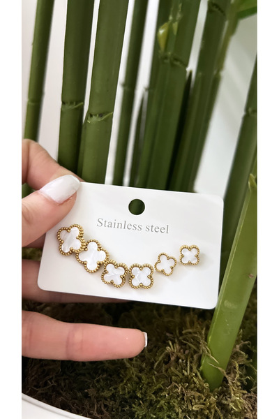 STİL NOKTA Çelik Yonca Van Cleef Sedefli Beyaz Renk Küpe 6’lı Set Kararma Paslanma Yapmaz