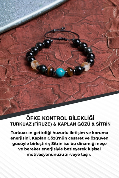 Saff Doğal Taş Anger Control Bracelet Turquoise & Tiger's Eye & Citrine