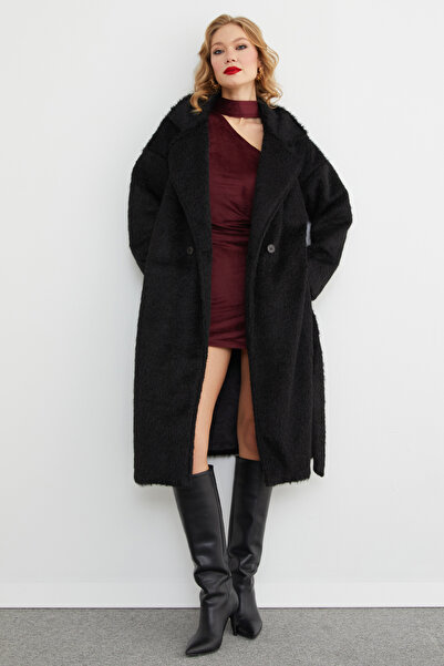 Fulla Moda Double-Breasted Collar Plush Coat with Pockets
