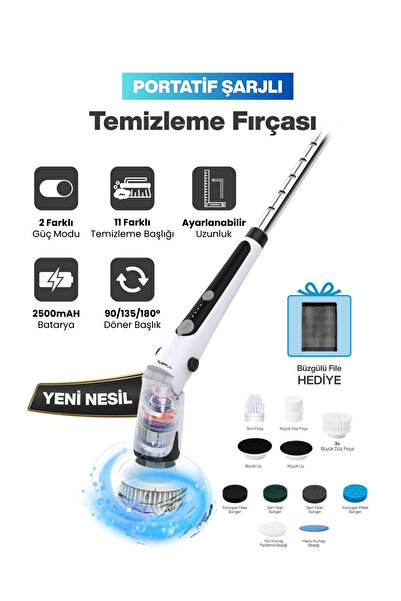 MPIA Şarjlı Temizlik Fırçası | Döner Başlıklı | 11 Başlık 13 Parça Dahil | Mu...