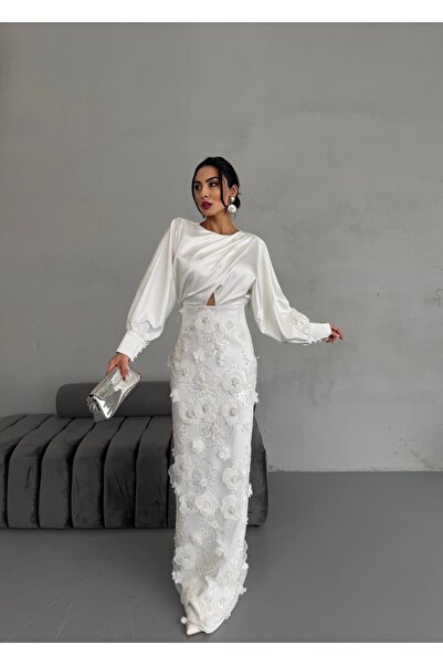 makastar Siyah Çiçek Aplikeli, Uzun Kollu Şık Abiye Elbise