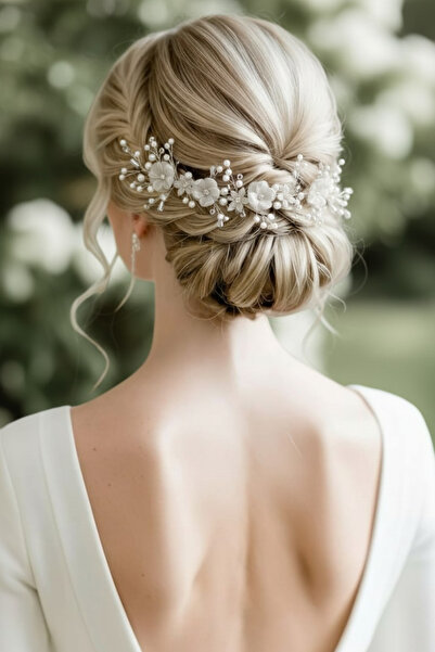 Trend aksesuar İnci ve Çiçek Detaylı Gelin Tacı, Saç Aksesuarı ve Tokası(Nişa...