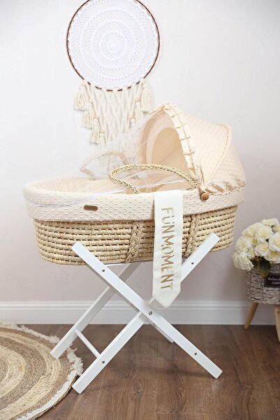 Mini Baby Moses Basket Bassinet, Beige with Foldable Wooden Stand
