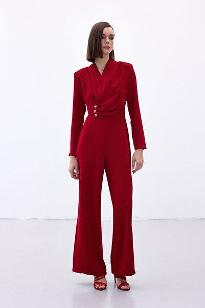Sateen Crepe Jumpsuit with Bow Accessories - Red