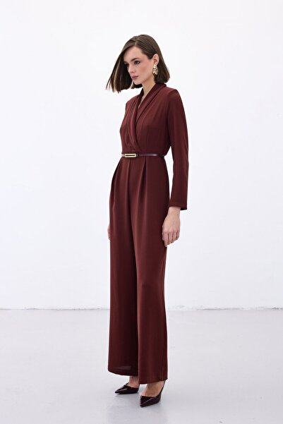Sateen Belted Casual Jumpsuit - Burgundy