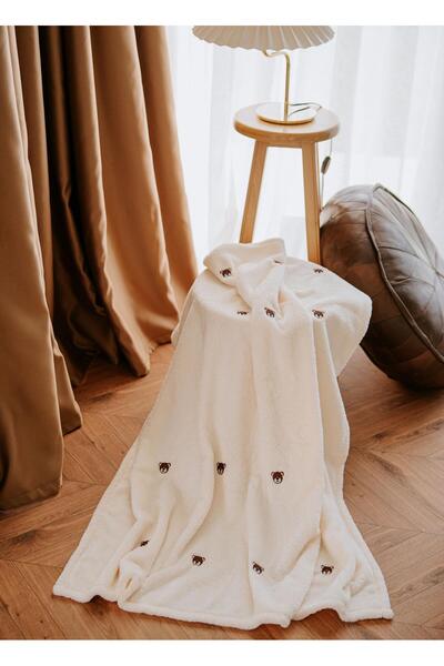 MYROKA Welsoft Battaniye Krem Ayıcık Desen Nakışlı