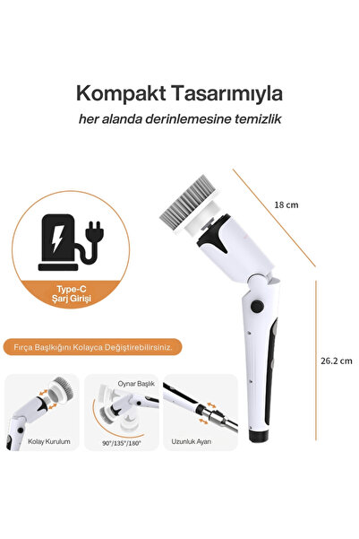 MPIA Şarjlı Temizlik Fırçası | Döner Başlıklı | 11 Başlık 13 Parça Dahil | Mutfak Banyo Araba Temizleme
