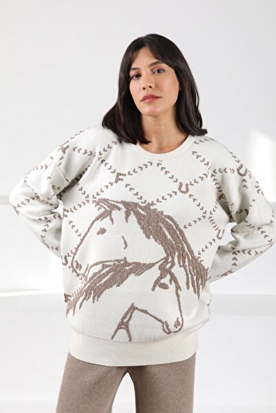 Ferraro Ecru/Mink Long Sleeve Crew Neck Cashmere Embossed Patterned Women's Knitwear Sweater