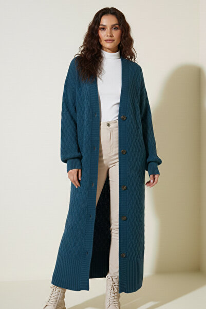 benguen Knitted Patterned Long Knitwear Cardigan R4201 Petrol