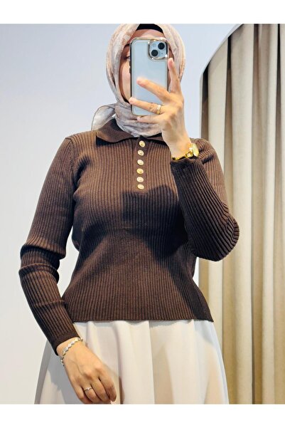 TERZİ DÜKKANI سترة تريكو بياقة بولو من ستون، لون بني