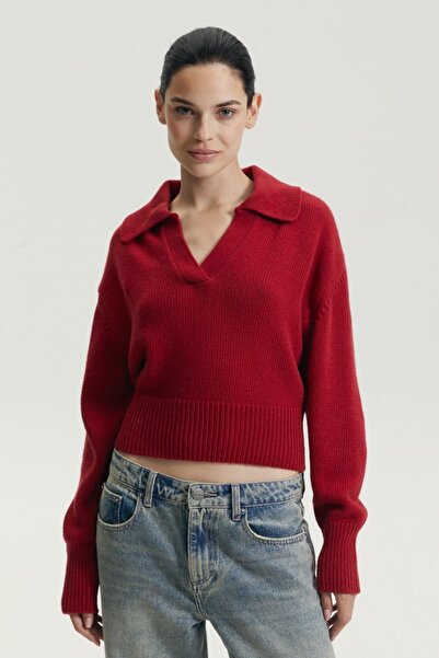 Ferraro Burgundy Shirt Collar Long Sleeve Cashmere Women's Knitwear Sweater