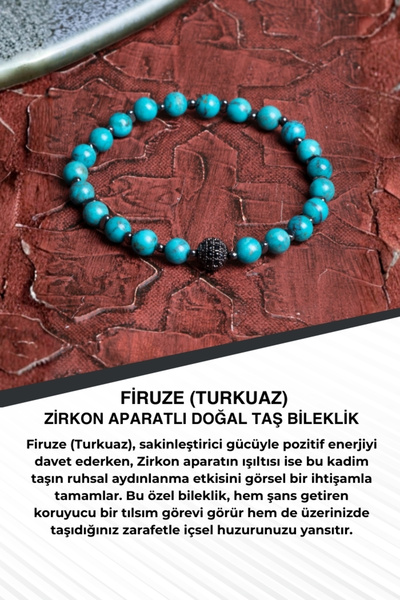 Saff Doğal Taş Turquoise (Turquoise) Natural Stone Bracelet with Zircon Appar...