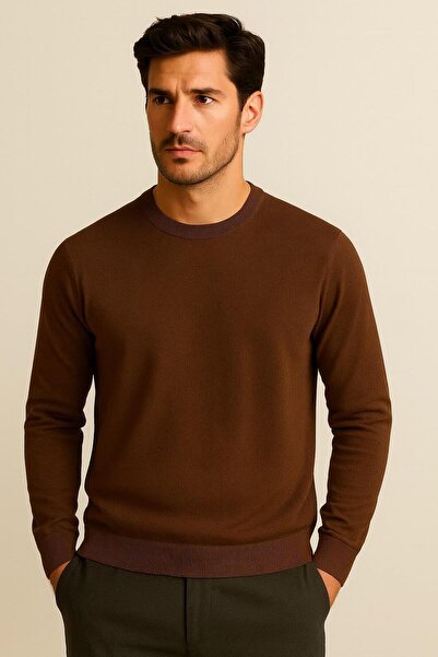 Katia&Bony Men's Premium Crew Neck Soft Textured Knit Sweater Brown