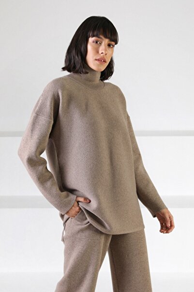 Ferraro Mink Long Sleeve Turtleneck Cashmere Women's Knitwear Sweater with Rope Detail on the Sides