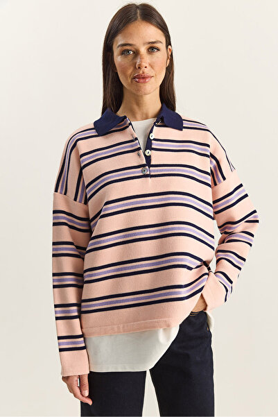 Bianco Lucci Women's Polo Neck Striped Basic Knit Sweater 20258061