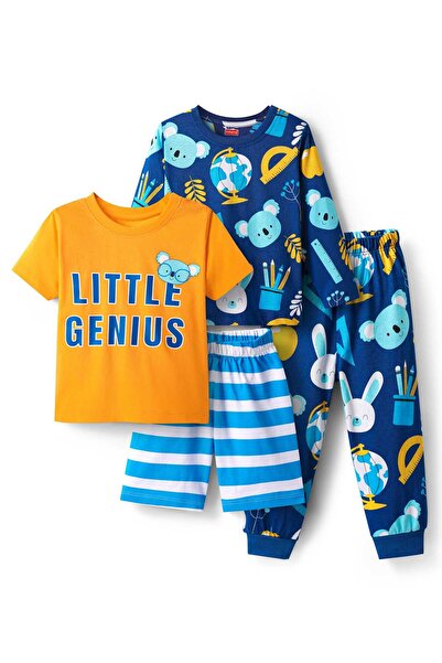 Babyhug Cotton Knit Half & Full Sleeves Night Suits with Animal Print & Stripes - Blue & Orange