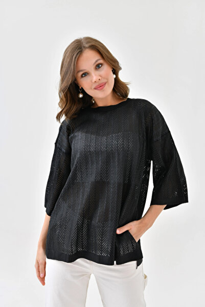 Park Karon Women's Crew Neck Knit Detail Lace-Like Knit Oversized Knitwear Sweater 10762