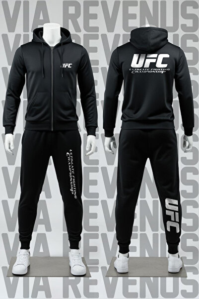 Vordevia Set de trening UFC din bumbac cu glugă cu cu imprimeu fermoare în fa...