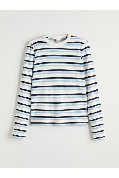 LC Waikiki Alita City Lcw Kids Navy Blue Oval Neckline Striped Girls' T-Shirt