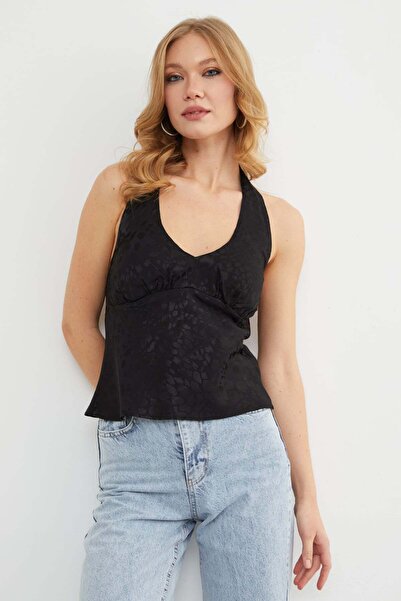 Fulla Moda Leopard Print Halter Neck Satin Blouse