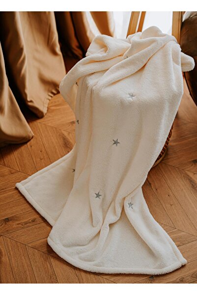 MYROKA Welsoft Battaniye Krem Yıldız Desen Nakışlı