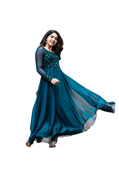 MYSMAR Blue Faux Georgette Gown Set - PMM10755 | Blue