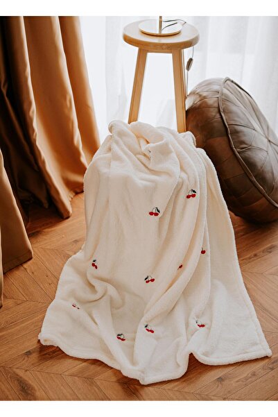 MYROKA Welsoft Battaniye Krem Kiraz Desen Nakışlı