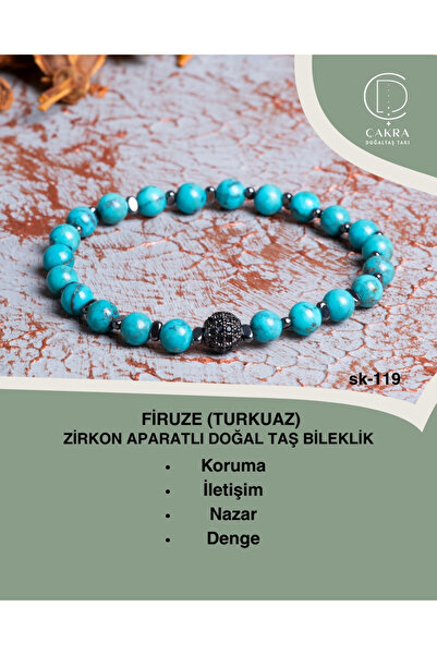 ÇAKRA DOĞAL TAŞ Firuze (Turkuaz) Zirkon Aparatlı Doğal Taş bileklik