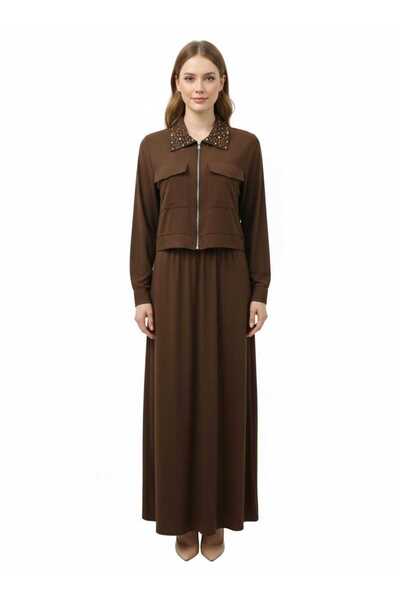 modaselda yakası taşlı ceket ve elbise ikili takım