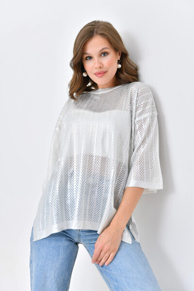 Park Karon Women's Crew Neck Knit Detail Lace-Like Knit Oversized Knitwear Sw...