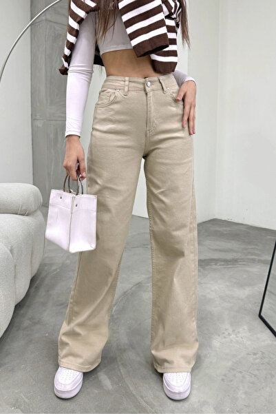 BİKELİFE Women's Beige High Waist Wide Leg Loose, Baggy Palazzo Jeans