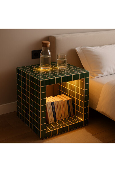 Melonİst Işıklı Mozaik Küp Yan Sehpa – LED Aydınlatmalı, El Yapımı Dekoratif Komodin (35×35 cm)