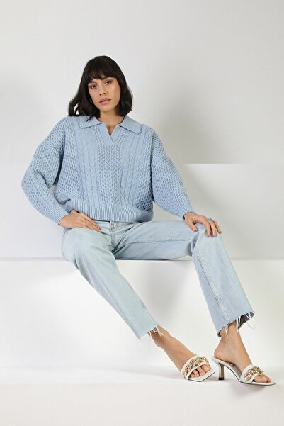 Ferraro Blue Long Sleeve Shirt Collar Woolen Hair Knitting Pattern Women's Knitwear Sweater