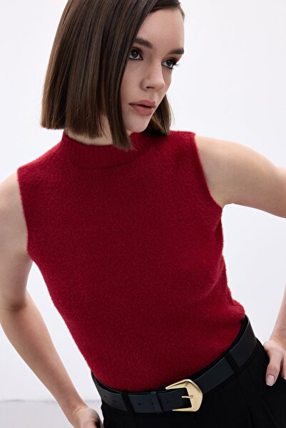 Sateen Zero Sleeve Beard Knitwear Blouse - Burgundy