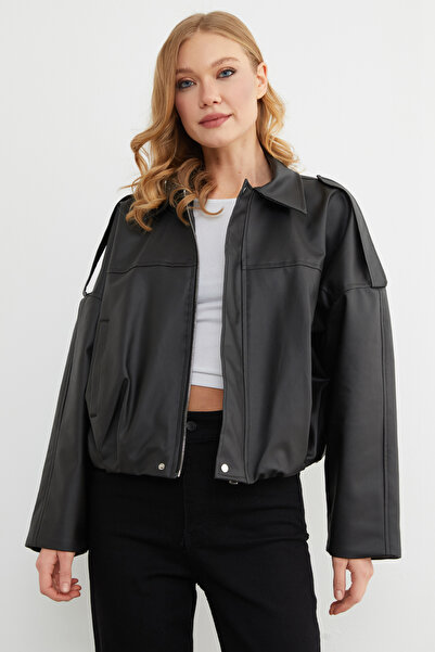 Fulla Moda Faux Leather Jacket with Shoulder Detail
