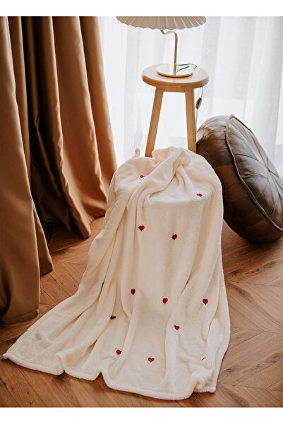 MYROKA Welsoft Battaniye Krem Kalp Desen Nakışlı